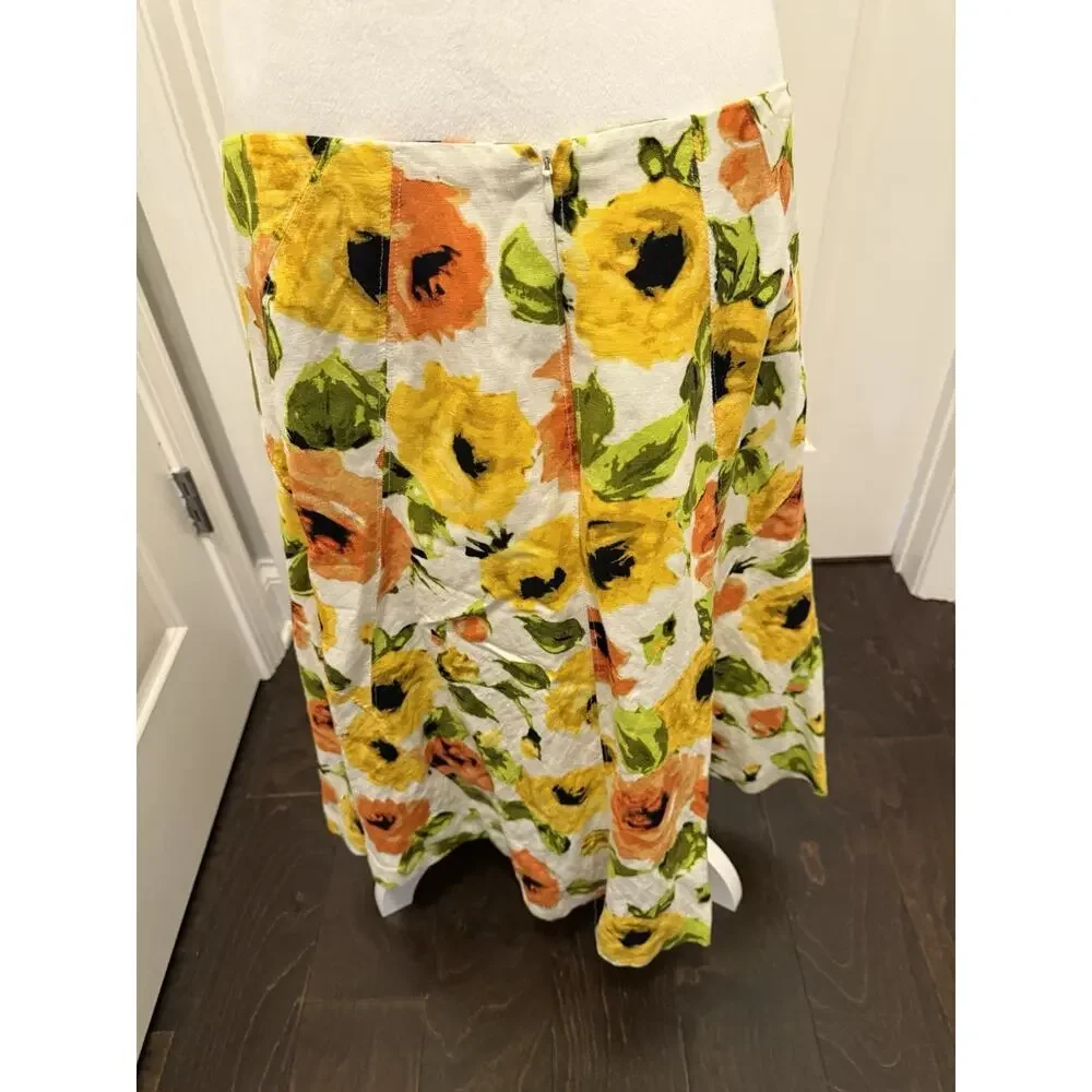 Premise Linen Floral A Line Skirt Yellow Orange Size 10